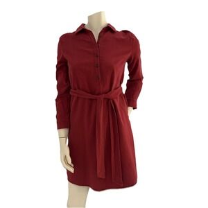 Women's Red Collared Button Tunic Dress Long Sleeve Tie Back Casual Preppycore